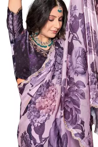 Purple color orgenza digitial printed with zircon work saree and blouse