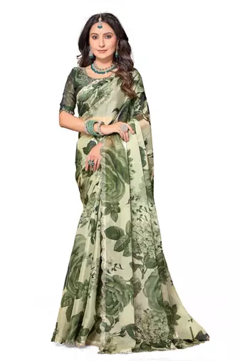Green color orgenza digitial printed with zircon work saree and blouse