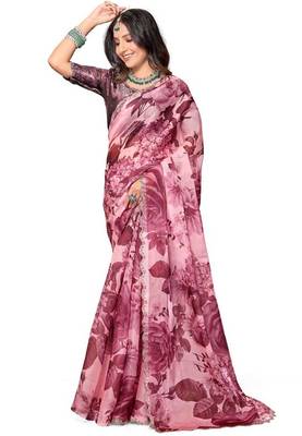 Pink color orgenza digitial printed with zircon work saree and blouse 1