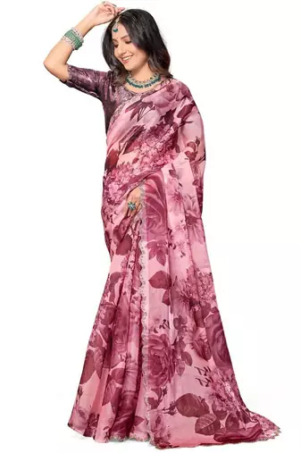 Pink color orgenza digitial printed with zircon work saree and blouse