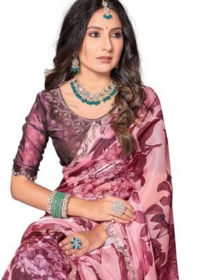 Pink color orgenza digitial printed with zircon work saree and blouse 2