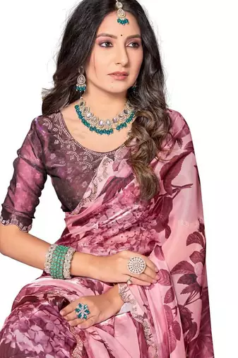 Pink color orgenza digitial printed with zircon work saree and blouse