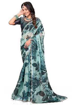 Sky blue color orgenza digitial printed with zircon work saree and blouse 1
