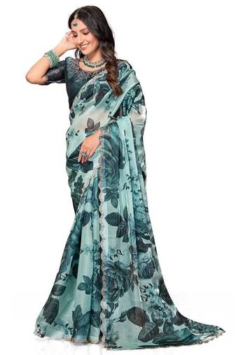 Sky blue color orgenza digitial printed with zircon work saree and blouse