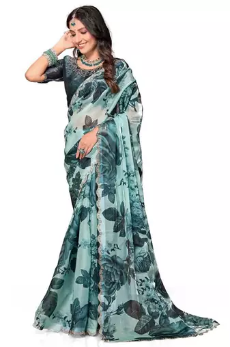 Sky blue color orgenza digitial printed with zircon work saree and blouse
