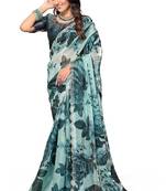 Sky blue color orgenza digitial printed with zircon work saree and blouse