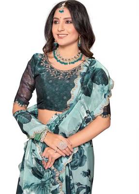 Sky blue color orgenza digitial printed with zircon work saree and blouse 2