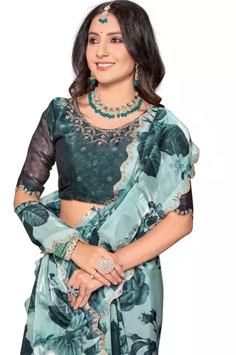 Sky blue color orgenza digitial printed with zircon work saree and blouse
