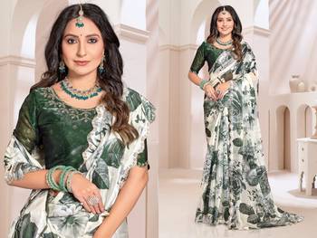 Off white & green orgenza digitial printed with zircon work saree and blouse 3