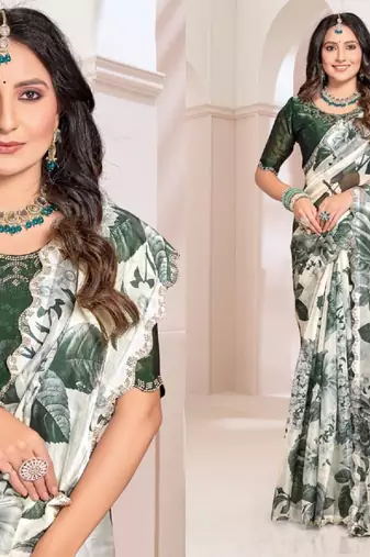 Off white & green orgenza digitial printed with zircon work saree and blouse