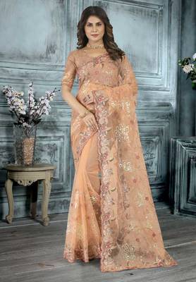Orange color resham codding sequence embroidered stylish saree with un-stitched blouse 1