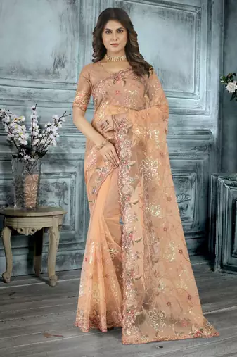 Orange color resham codding sequence embroidered stylish saree with un-stitched blouse