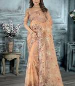 Orange color resham codding sequence embroidered stylish saree with un-stitched blouse