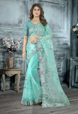 Sky blue color resham codding sequence embroidered stylish saree with un-stitched blouse 1