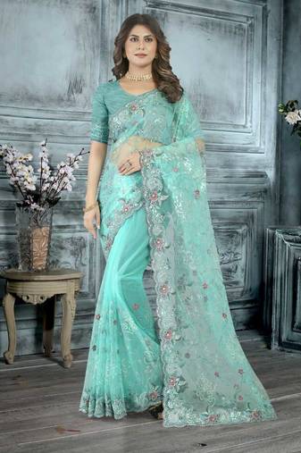 Sky blue color resham codding sequence embroidered stylish saree with un-stitched blouse