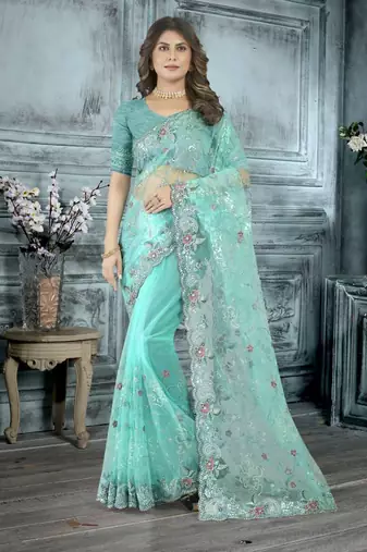 Sky blue color resham codding sequence embroidered stylish saree with un-stitched blouse