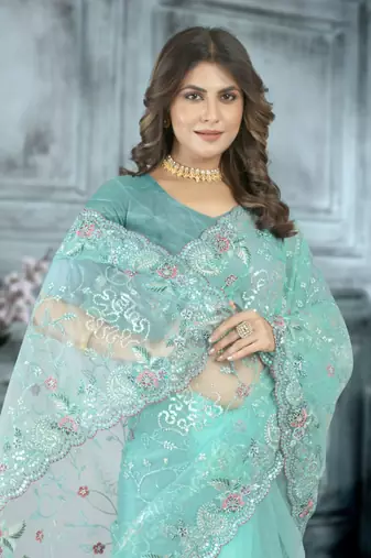 Sky blue color resham codding sequence embroidered stylish saree with un-stitched blouse