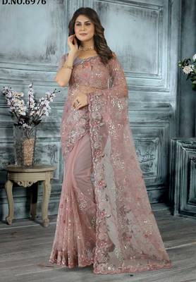 Peach color resham codding sequence embroidered stylish saree with un-stitched blouse 1