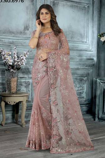 Peach color resham codding sequence embroidered stylish saree with un-stitched blouse