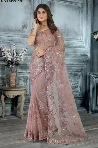 Peach color resham codding sequence embroidered stylish saree with un-stitched blouse