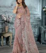 Peach color resham codding sequence embroidered stylish saree with un-stitched blouse