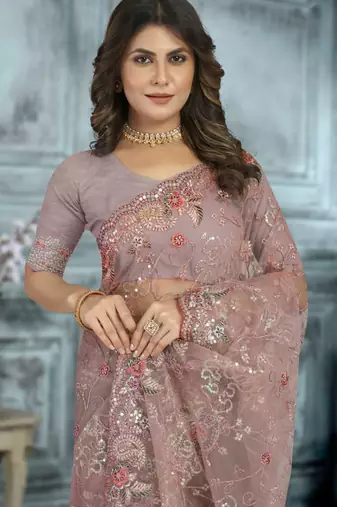 Peach color resham codding sequence embroidered stylish saree with un-stitched blouse