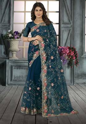Blue color resham codding sequence embroidered stylish saree with un-stitched blouse 1
