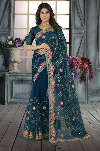 Blue color resham codding sequence embroidered stylish saree with un-stitched blouse