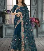 Blue color resham codding sequence embroidered stylish saree with un-stitched blouse