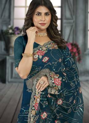Blue color resham codding sequence embroidered stylish saree with un-stitched blouse 2