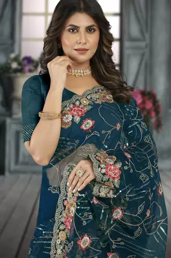 Blue color resham codding sequence embroidered stylish saree with un-stitched blouse