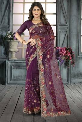 Purple color resham codding sequence embroidered stylish saree with un-stitched blouse 1