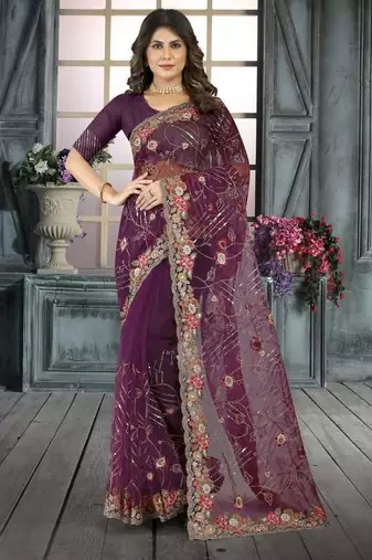 Purple color resham codding sequence embroidered stylish saree with un-stitched blouse
