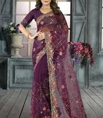 Purple color resham codding sequence embroidered stylish saree with un-stitched blouse
