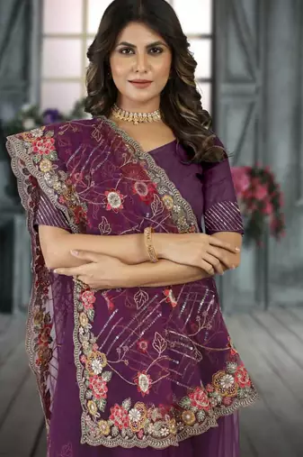 Purple color resham codding sequence embroidered stylish saree with un-stitched blouse