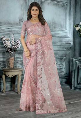 Pink resham codding sequence embroidered stylish saree with un-stitched blouse 1