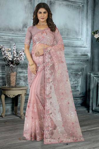 Pink color resham codding sequence embroidered stylish saree with un-stitched blouse