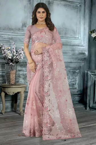Pink color resham codding sequence embroidered stylish saree with un-stitched blouse