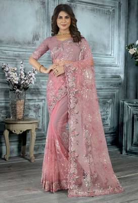 Light pink color resham codding sequence embroidered stylish saree with un-stitched blouse 1