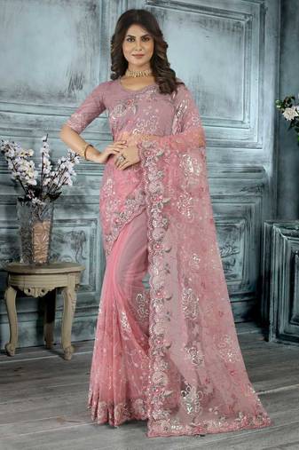 Light pink color resham codding sequence embroidered stylish saree with un-stitched blouse