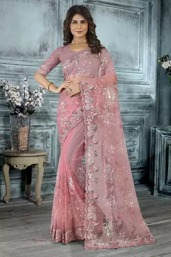 Light pink color resham codding sequence embroidered stylish saree with un-stitched blouse