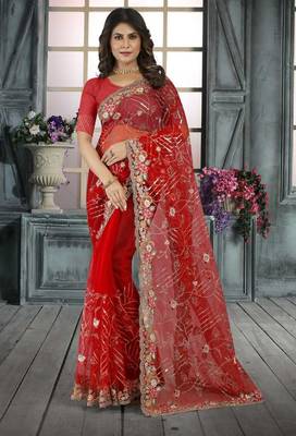 Red color resham codding sequence embroidered stylish saree with un-stitched blouse 1