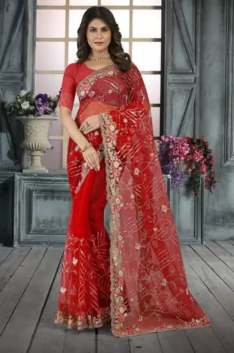 Red color resham codding sequence embroidered stylish saree with un-stitched blouse