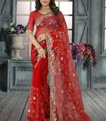 Red color resham codding sequence embroidered stylish saree with un-stitched blouse