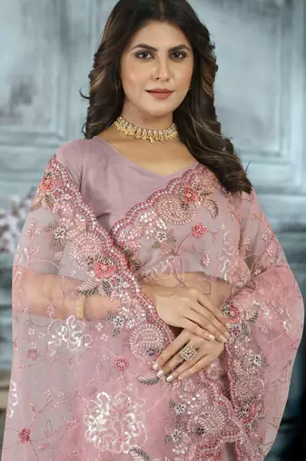 Pink color resham codding sequence embroidered stylish saree with un-stitched blouse