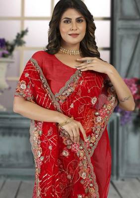 Red color resham codding sequence embroidered stylish saree with un-stitched blouse 2