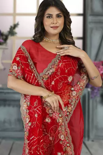 Red color resham codding sequence embroidered stylish saree with un-stitched blouse