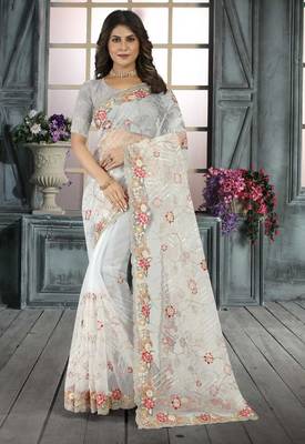 White color resham codding sequence embroidered stylish saree with un-stitched blouse 1