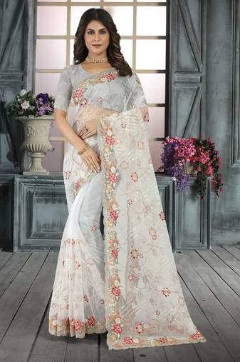 White color resham codding sequence embroidered stylish saree with un-stitched blouse