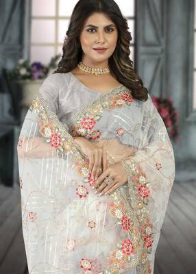 White color resham codding sequence embroidered stylish saree with un-stitched blouse 2